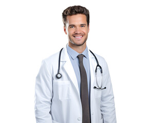 Portrait of smiling male doctor isolated transparent background. - 631177359