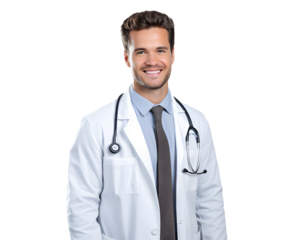 Portrait of smiling male doctor isolated transparent background.