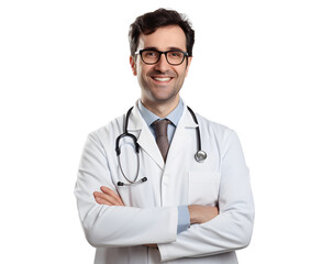 Fototapeta premium Portrait of smiling male doctor isolated transparent background.