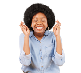 Happy black woman, fingers crossed and hope for success isolated on transparent png background for good luck. Excited model, hands and wish for bonus, winning lottery and emoji for competition prize