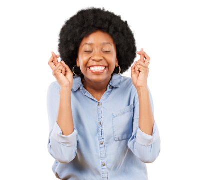 Happy black woman, fingers crossed and hope for success isolated on transparent png background for good luck. Excited model, hands and wish for bonus, winning lottery and emoji for competition prize