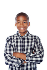 Fashion portrait, happy and black child with arms crossed isolated on transparent png background. Face, confidence and school kid or young boy in casual clothes, tshirt or stylish student from Kenya