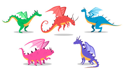 Cute dragons set. Vector illustration. Isolated on white background.