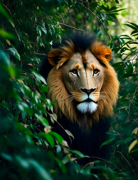 Un le&oacute;n asom&aacute;ndose entre la vegetaci&oacute;n de una selva. Vista de frente y de cerca.  IA Generativa