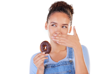 Chocolate, donut and woman eating candy isolated on a transparent png background, Food, dessert and person with cacao doughnut, sugar and hungry for confectionery sweets while thinking of cake.