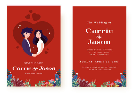 Set of wedding cards, Invitation, save the date template. Newlywed couple cartoon style. Vector.