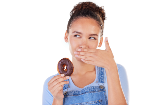 Chocolate, donut and woman eating candy isolated on a transparent png background, Food, dessert and person with cacao doughnut, sugar and hungry for confectionery sweets while thinking of cake.