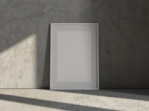 Vertical Art Frame Mockup with passepartout on concrete floor in empty room, 3d rendering