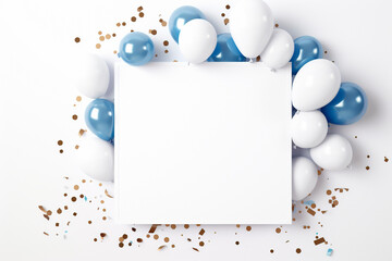 Blank birthday invitation card with balloons and golden confetti