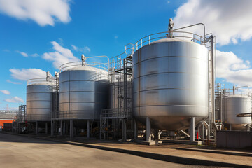 Chemical area with row of storage tanks and pipes. Generative AI.