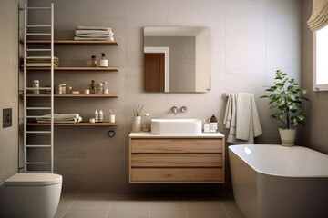 Naklejka na ściany i meble Spacious beige bathroom with bathtub, sink, toilet and mirror