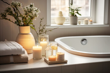 Fototapeta na wymiar Cozy Scandinavian lifestyle: tiled bath