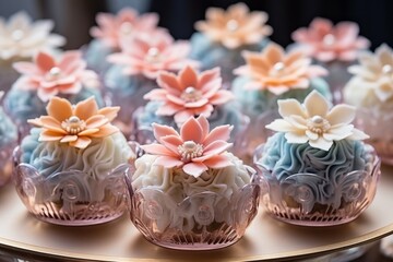 Photo of a plate of Luxury sweet desserts, decorated with sugar flower decorations created with Generative AI technology