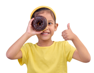 Donut, eye and thumbs up with portrait of girl for junk food, sugar and chocolate isolated on a transparent PNG background. Snack, cake and face of child with like emoji, yes sign or OK for dessert