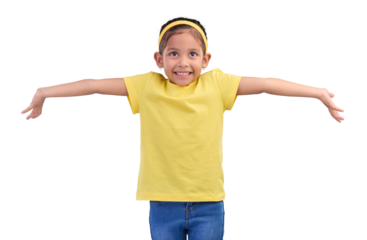 Happy, child and with decision, shrugging or unsure with arms and hands stretched with a smile. Kid, clueless and girl with doubt and confused about question isolated on a transparent png background