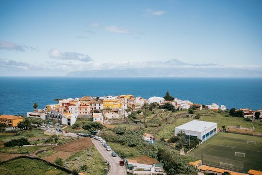 Aerial view of a bustling cityscape from a hillside, La Gomera, Spain, Canary Islands