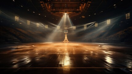 Empty basketball arena, stadium, sports ground with flashlights and fan sits. Ai generated art - obrazy, fototapety, plakaty