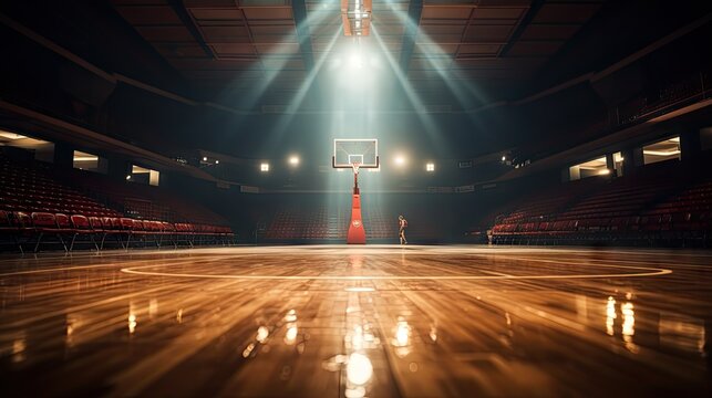 Empty, dark basketball arena, stadium with flashlights and fan sits area. Ai generated art