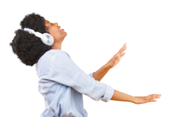 Happy black woman, dance or music headphones with afro isolated on transparent on png background. Profile, freedom or fun African female person streaming or listening to radio or song track to relax