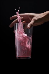 a hand holding a glass of pink colored liquid