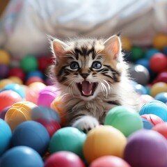 Fototapeta na wymiar a kitten playing with colored balls