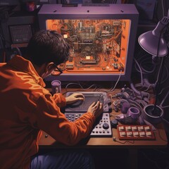 engineer at work fixing electrical on a surreal fiction computer