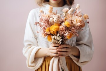 Petals and Poise: A Graceful Woman with a Spring Flowers Bouquet, Generative Ai