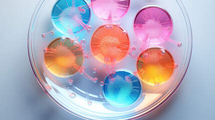 Abstract laboratory petri dishes with bacterial colonies. Minimalistic style.