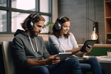 Fototapeta premium a couple of adults wearing on-ear headphones and watching or reading some content on a laptop indoors , modern sleek office interior.