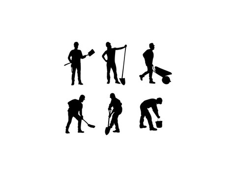 Worker with spade silhouettes, Workers with shovel silhouette. Set of silhouettes worker with wheelbarrow, shovel and bucket. Set of vector silhouettes worker with shovel standing, walking, digging.