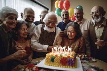 Group of seniors celebrating a birthday in a nursing home