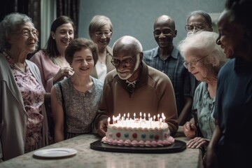 Group of seniors celebrating a birthday in a nursing home