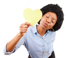 Kiss, paper heart and woman for love, affection and kindness isolated on transparent png background. Face of happy african model, emoji sign and shape of icon for romance, valentines day and flirting