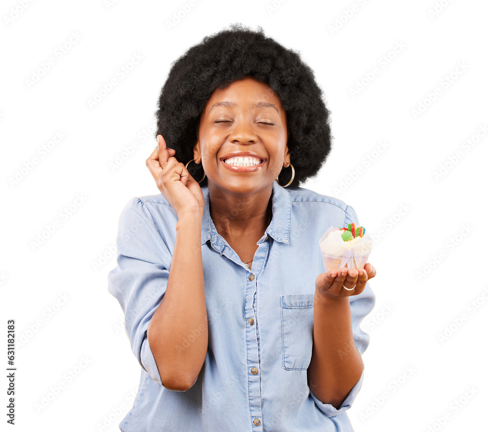 Sticker Woman, cupcake and fingers crossed with a smile for wish, hope or luck isolated on transparent, png background. African female model with afro and dessert for motivation, birthday or celebration