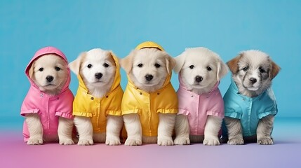 group of cute golden retriever puppies in colorful clothes on blue background. banner copy space, party card, ai generative