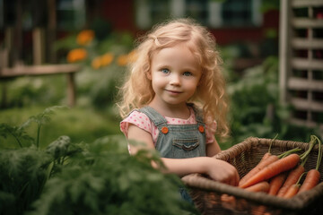 adorable smiling blonde girl collects a freshly harvested carrot in a garden, radiating joy and a connection to nature's bounty, fresh organic vegetables	 - obrazy, fototapety, plakaty