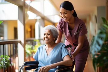 Senior woman and her female caretaker in a nursing home smiling