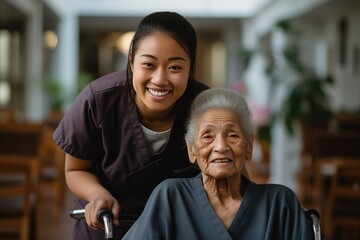 Senior woman and her female caretaker in a nursing home smiling