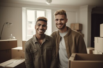 Fototapeta na wymiar Young male couple moving into their new home apartment