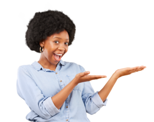 Pointing, hands and portrait of a black woman with promotion, menu or choice of option on transparent, isolated or png background. Gesture, smile and African female model to show presentation of info