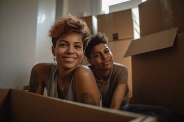 Young female couple moving into their new home apartment