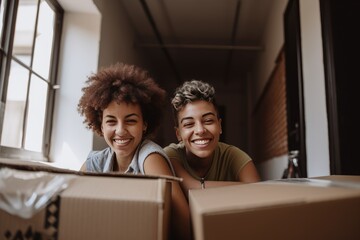 Young female couple moving into their new home apartment