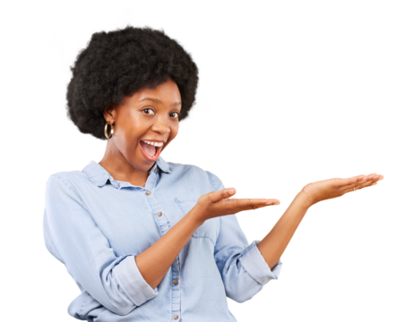 Pointing, hands and portrait of a black woman with promotion, menu or choice of option on transparent, isolated or png background. Gesture, smile and African female model to show presentation of info