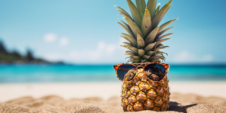 Pineapple fruit with sunglasses with beach in background