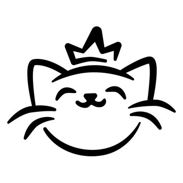 black and white logo  illustration of a happy cat with crown
