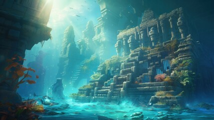 Coral City Ruins, Illustrate the remains of an ancient city submerged beneath the ocean game art - obrazy, fototapety, plakaty