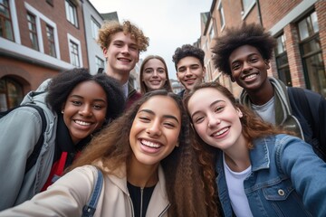 Group of high school students taking a selfie after school - obrazy, fototapety, plakaty