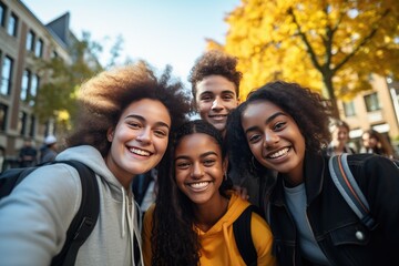 Group of young students smiling in the city portrait