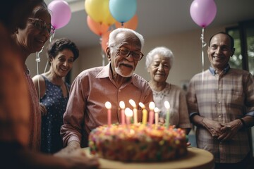Group of seniors celebrating a birthday in a nursing home