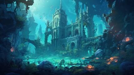 Coral City Ruins, Illustrate the remains of an ancient city submerged beneath the ocean game art